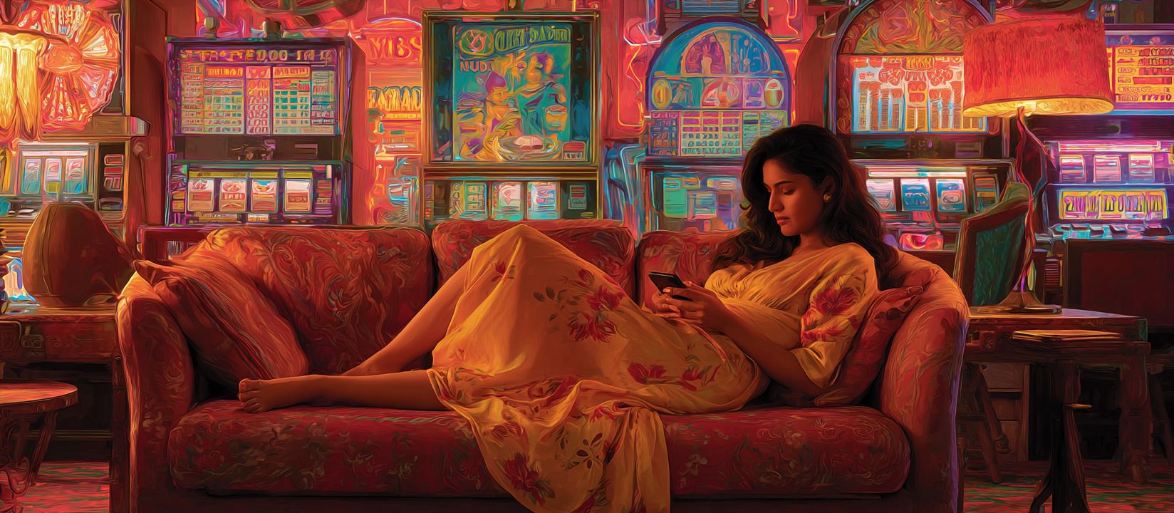PPVLP App – Enjoy mobile gaming and betting anywhere Woman in floral dress sitting on a sofa with slot machines in the background, using the PPVLP App on her phone