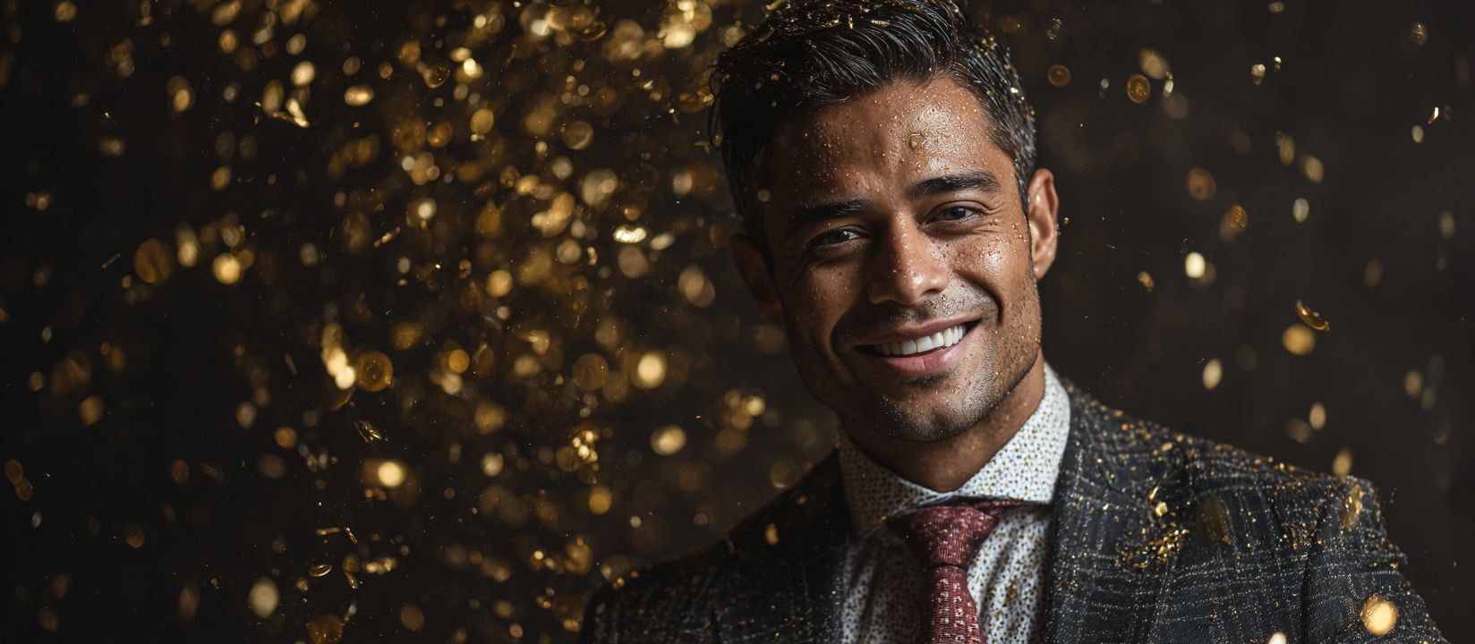 PPVLP Promotions – Claim exciting rewards and special offers today Smiling man surrounded by golden sparkles symbolizing the rewarding promotions and bonuses at PPVLP Casino.