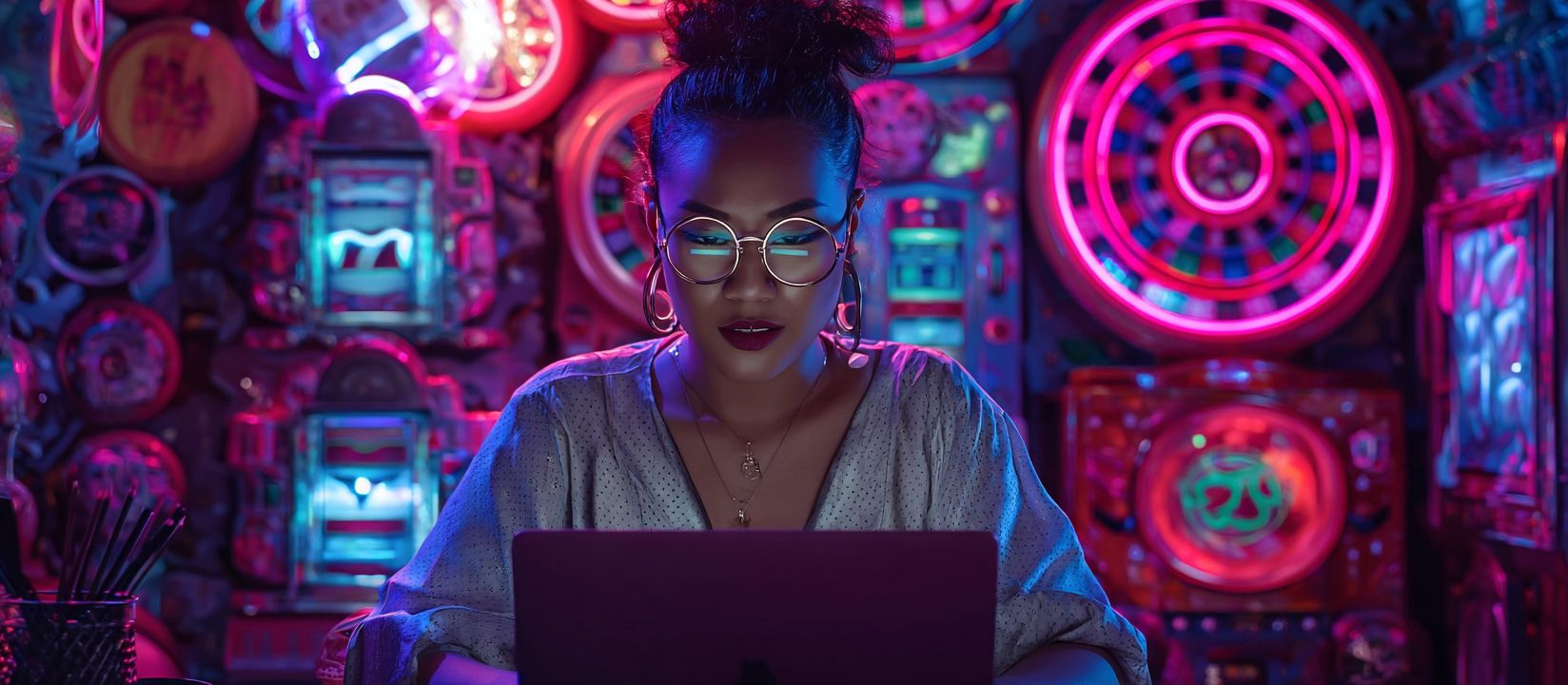 PPVLP Games – A complete collection of thrilling online casino games Stylish woman playing online games at PPVLP Casino surrounded by neon slot machines and vibrant colors.