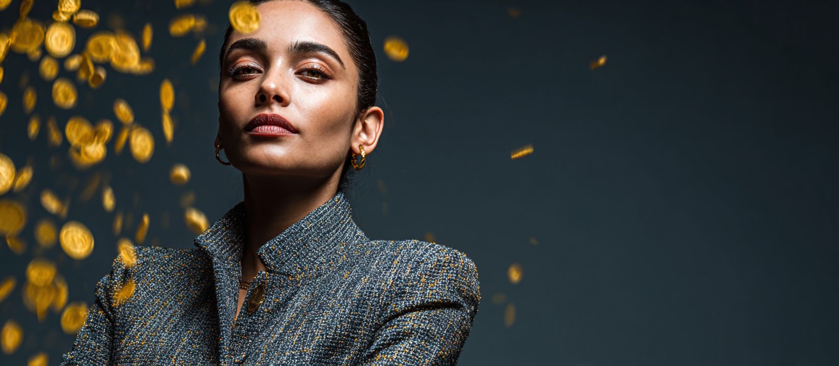 PPVLP Bonus – Unlock generous rewards and exclusive promotions Confident woman surrounded by falling golden coins symbolizing the exclusive bonuses at PPVLP Casino.