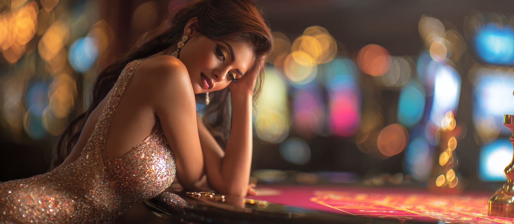 PPVLP Slots – Explore endless excitement with online slot and table games Beautiful woman in a sparkling gown relaxing at a PPVLP Casino roulette table with glowing lights all around.