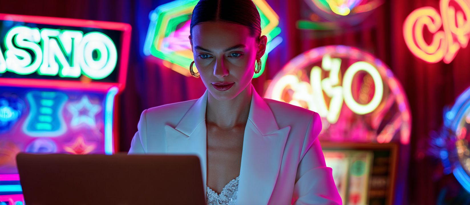 PPVLP Games – Discover nonstop entertainment with slots and table games Elegant woman focused on her laptop with neon casino signs glowing, enjoying online games at PPVLP Casino.