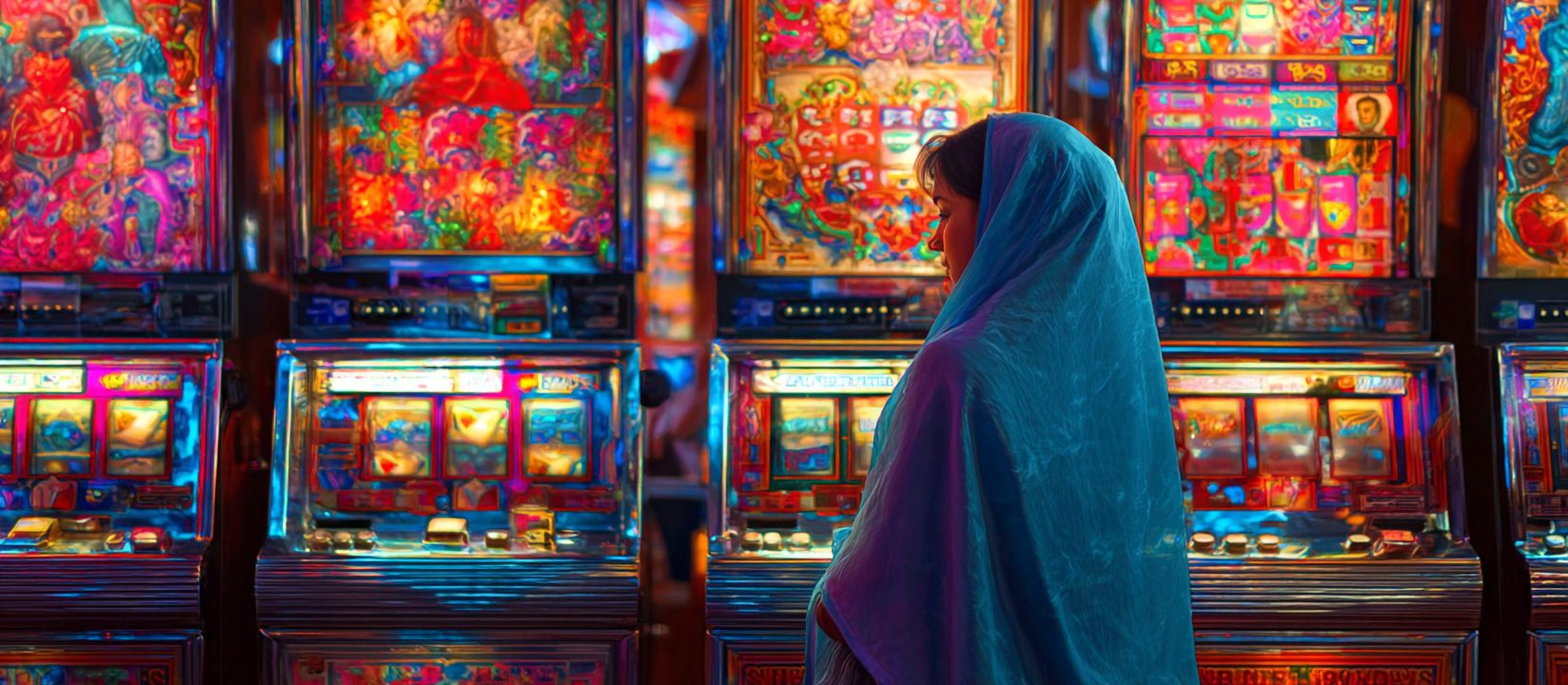 PPVLP Online Slots – Discover endless slot action and rewards Woman in traditional attire exploring PPVLP Slots with colorful gaming machines